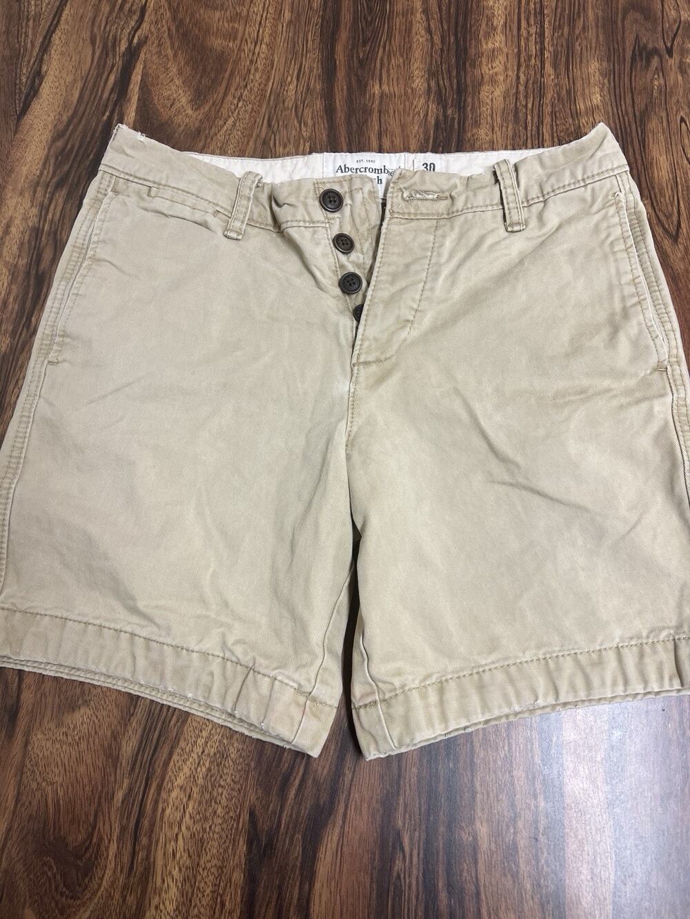 Abercrombie & Fitch Chino Shorts Mens 30 Khaki Tan Flat Front Button Fly